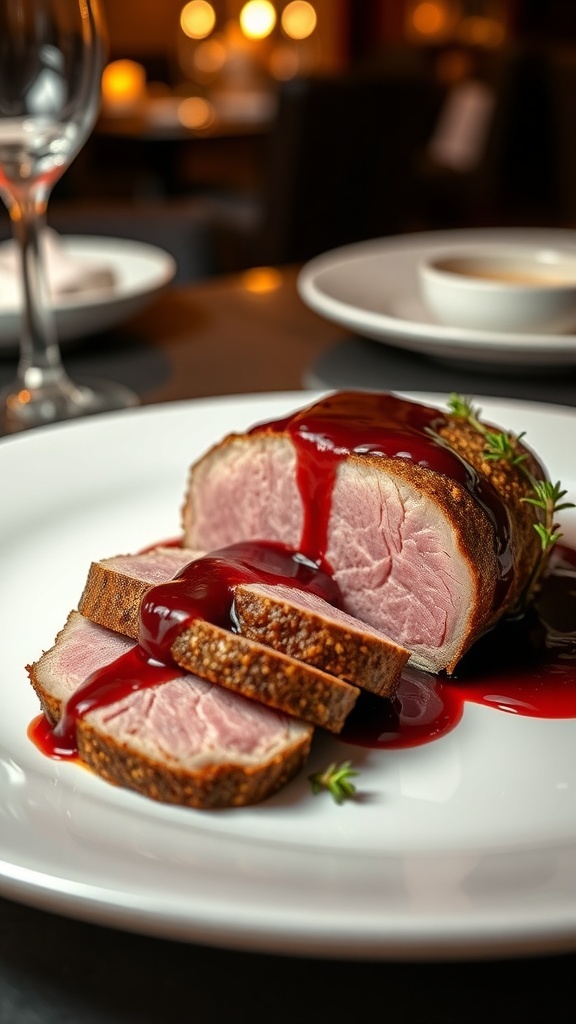 Duck Breast with Cherry Sauce Recipe Sliced duck breast with cherry sauce and thyme garnish on an elegant plate.